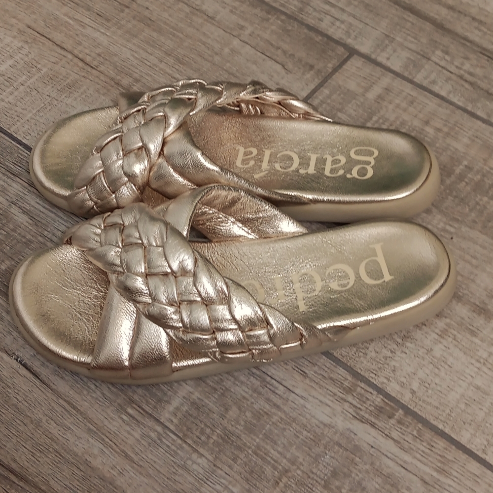 PEDRO GARCIA..PRALI METALLIC CRISSCROSS SLIDE SANDALS..SIZE 36